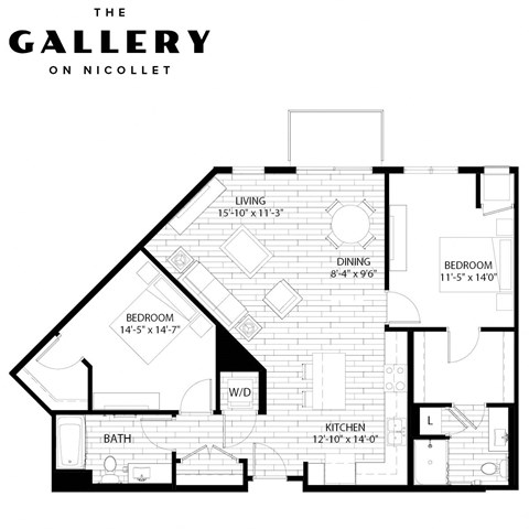 Floor plan for 2 beds, 2 baths, 1166 sqft